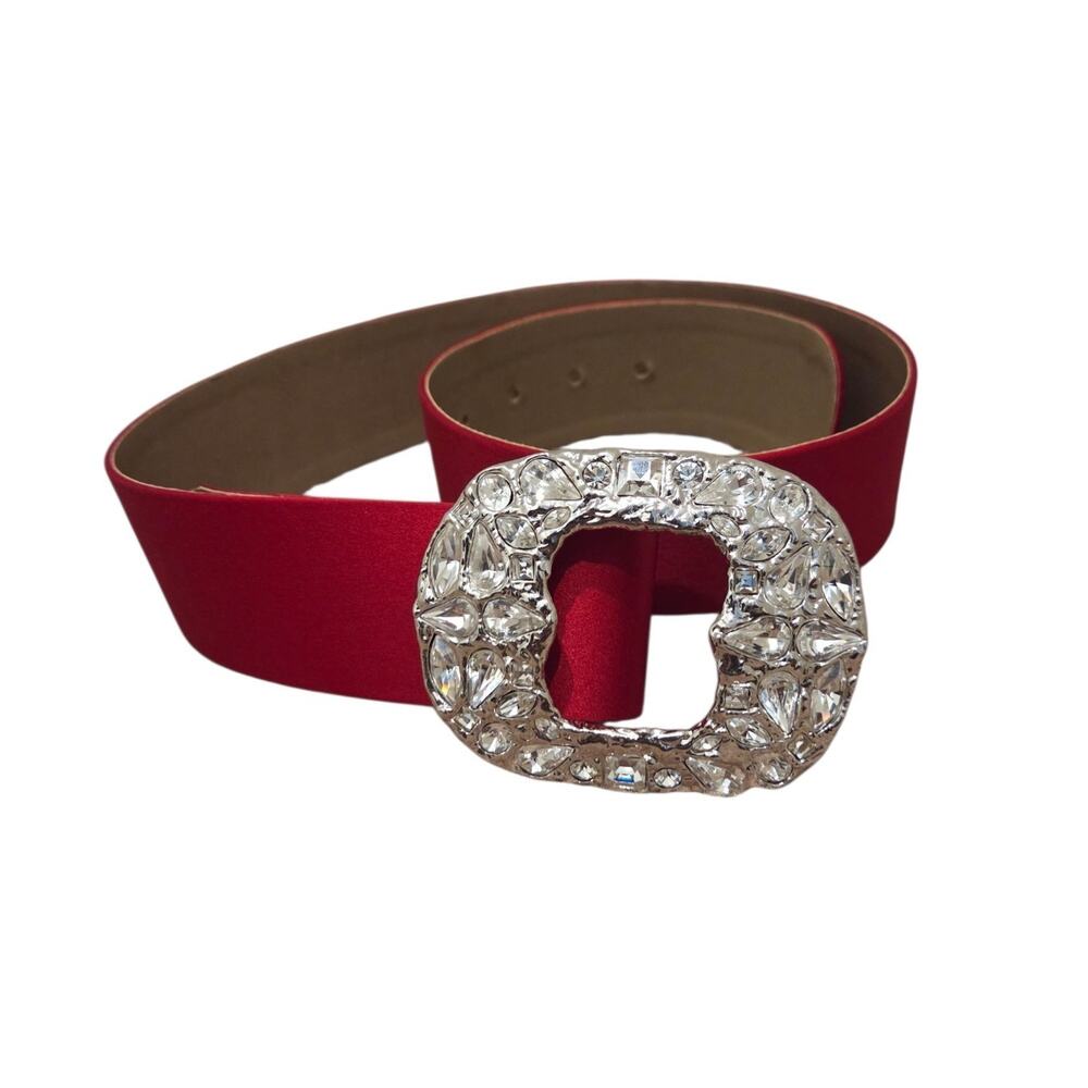 Vintage St John's Red Satin Covered Statement Rhinestone Women's Belt, Size 6